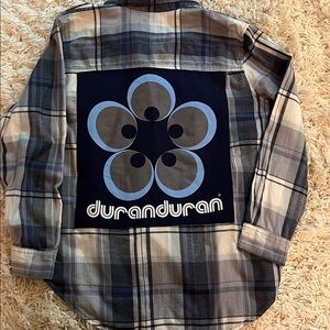 Xl Duran Duran band upcycle flannel blues and whites and button front.